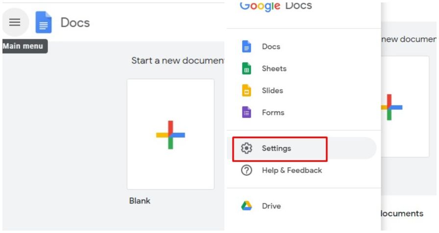 google doc setting menu