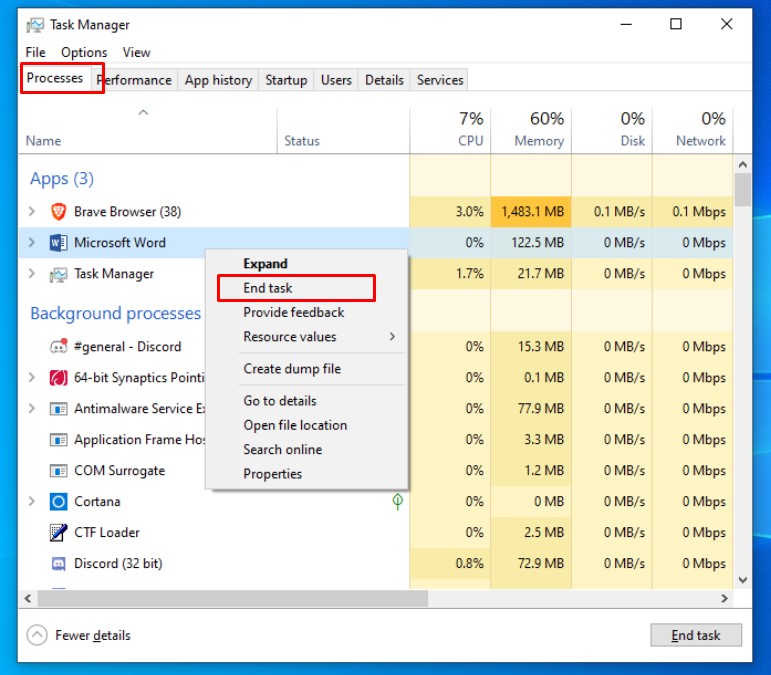 How to force shutdown unresponsive program task in Windows 10 using Task Manager