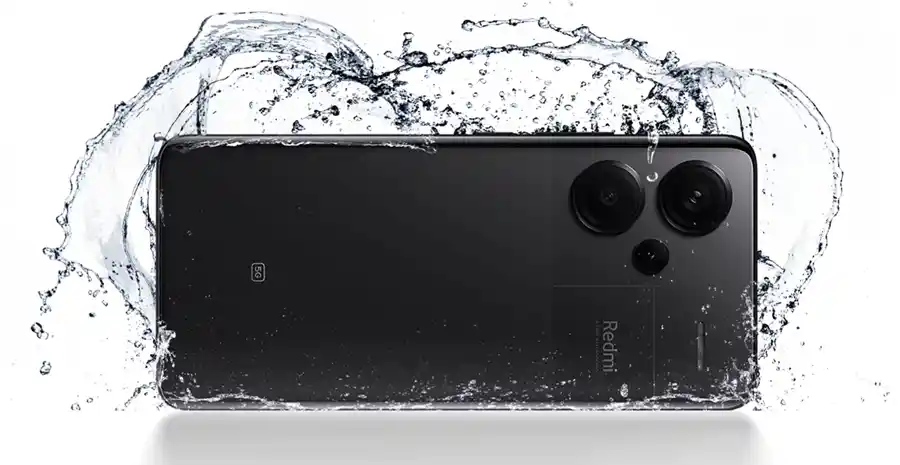 An image showcasing the IP68 dust and water resistant rating of Redmi Note 13 Pro+
